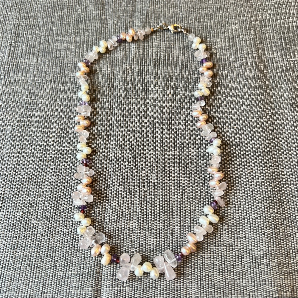 Pretty Multi-Color Genuine Stone & Pearl Beaded Necklace w/Sterling Clasp